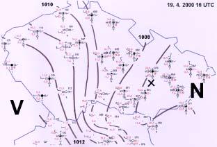 The site of the tornado occurrence is indicated by a cross. Brna), zejména v termínu 15 UTC.