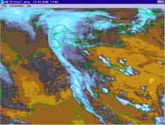 Obr. 5 a-d Informace družice METEOSAT v infračerveném spektru z termínů 14.00, 15.00, 15.30 a 16.00 UTC ze dne 19. 4. 2000. Fig. 5 a-d. Information of the METEOSAT satellite in infrared spectrum from 14.
