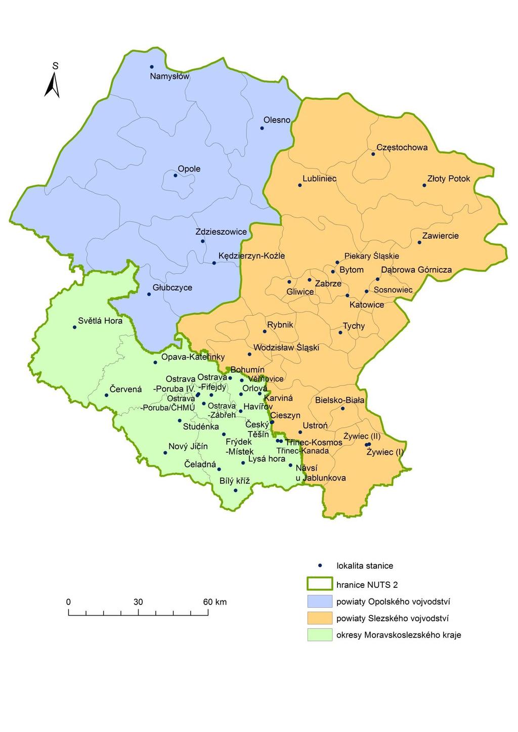 Obr. 6 Pozaďové stanice imisního monitoringu v Moravskoslezském kraji a vojvodstvích