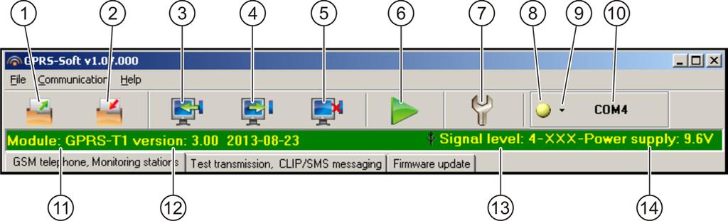 SATEL GPRS-T1 7 Obr. 6. Hlavní menu programu GPRS-SOFT. 7 - Konfigurace tlačítko pro otevření okna Připojení.