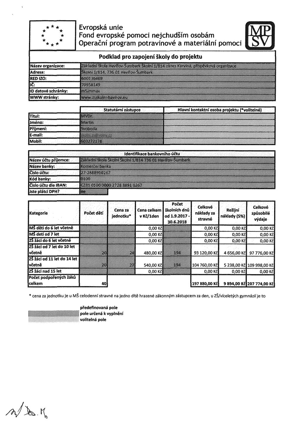 Evrpská unie Fnd evrpské pmci nejchudším sbám Operační prgram ptravinvé a materiální pmci Pdklad pr zapjení škfy d prjektu Název rganizace: Adresa: REDÍZO: IČ: ID datvé schránky: WWW stránky: -i ni.