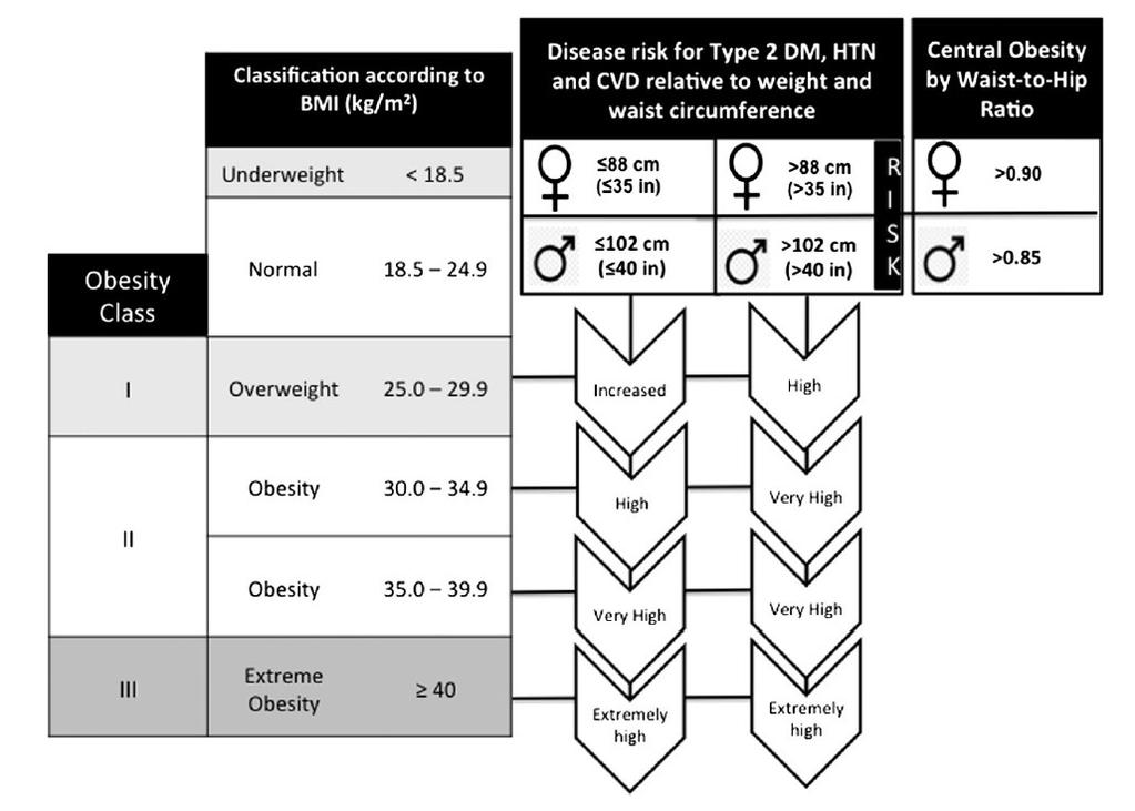 Classification of obesity developed by the National Heart, Lung and Blood Institute task force, along with the associateddisease risk with increasing BMI, waist