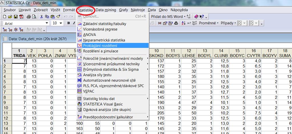 Graf Vliv třídy na výšku u chlapců průměrné hodnoty 190 Krabicov ý graf z VYSKA seskupený TRIDA Data_deti_min 20v *267c 180 170 VYSKA 160 150 140 130 6 7 8 9 TRIDA Průměr Průměr±SmOdch Min-Max Zde