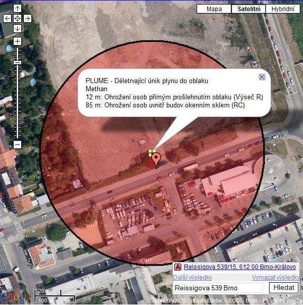 Obr. 29 Grafický výstup programu TeRex Obr. 30 Graf oblasti možného výbuchu Graf oblasti možného výbuchu vyznačuje závislost koncentrace látky na vzdálenosti.