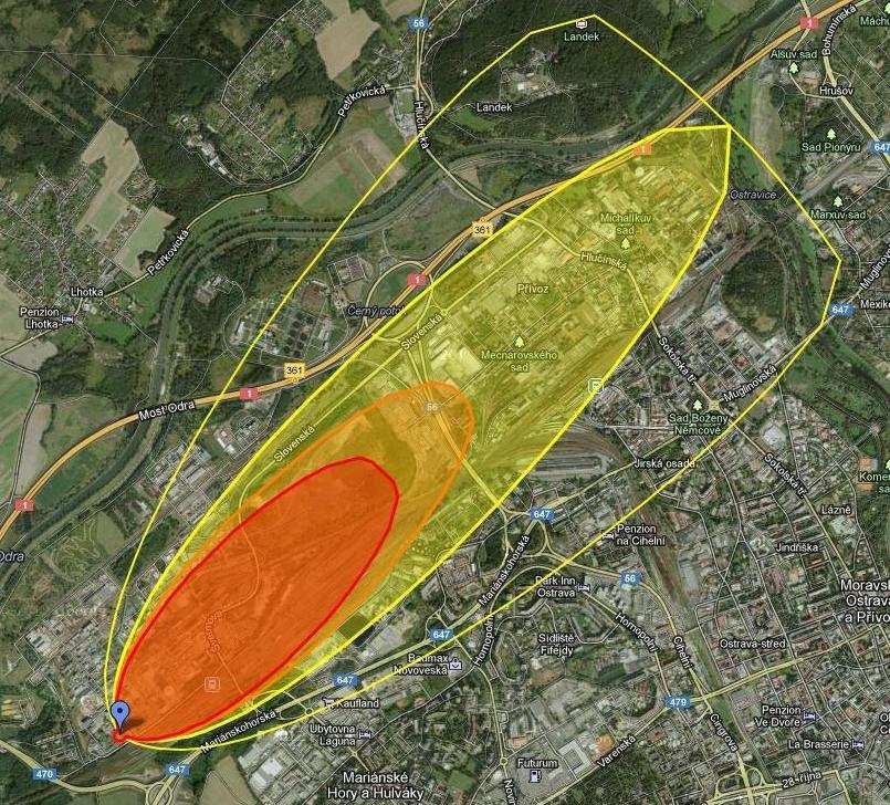 Obr. 35 Grafický výstup do mapy (červená zóna značí koncentraci 2700 ppm, oranžová zóna koncentraci 1500 ppm a žlutá zóna 360 ppm vysvětlení koncentrací viz níže Obr.