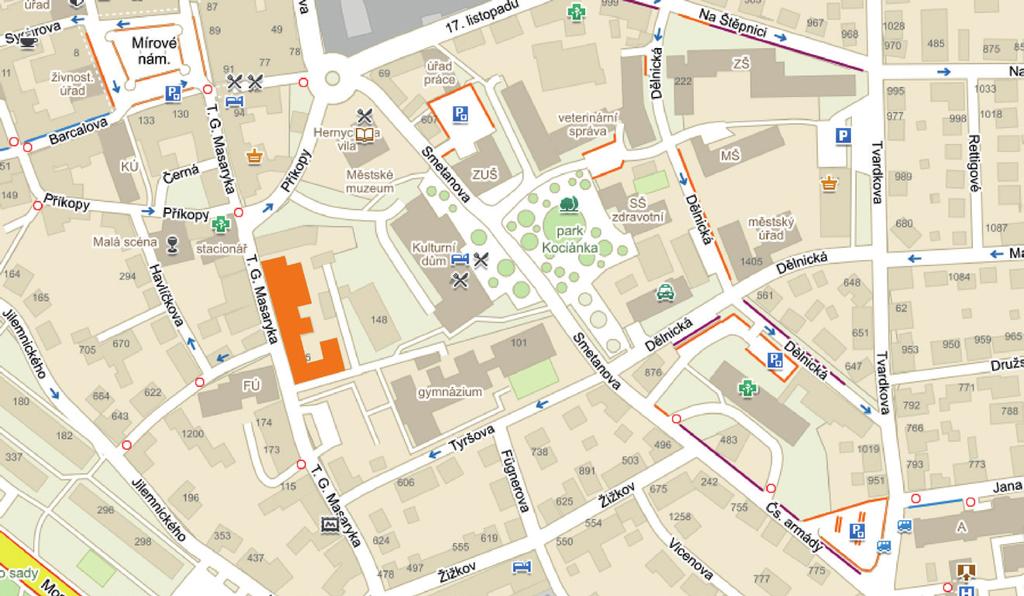Masaryka 105 Na Pláni 1432, 1433, 1434 Kladská 1501, 1502, 1503 Kancelář koordinátorky pečovatelské služby a sociálních pracovnic se nachází v domě Na Pláni 1343.