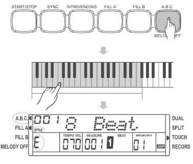 Vlevo nahoře se objeví VOICE L a zobrazí se přednastavený nástroj 049 Strings 1. Levá část klaviatury je nyní obsazena druhým nástrojem. Dělení klaviatury probíhá na klávese F#.