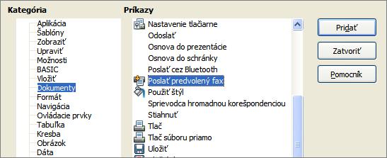 Obrázok 7: Pridávanie príkazu na odoslanie faxu do panelu Priradenie klávesových skratiek Okrem zabudovaných klávesových skratiek (zoznam sa nachádza v Prílohe A) môžeme definovať aj vlastné