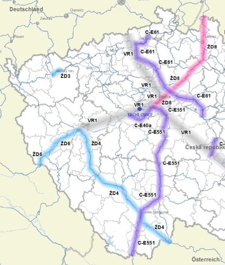 Politika územního rozvoje České republiky, ve znění Aktualizace č. 1 vymezuje na území obce Tachlovice koridor vysokorychlostní železniční dopravy VR1 Plzeň Praha.