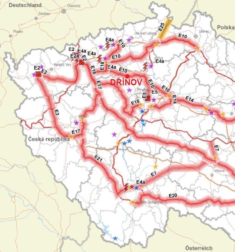 Politika územního rozvoje České republiky, ve znění Aktualizace č. 1 vymezuje na území obce Dřínov koridor pro vedení elektrické energie 400 kv Výškov Čechy-střed (E10).