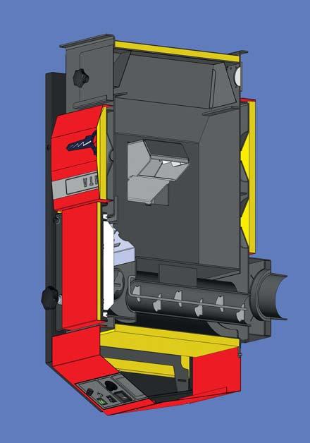 TEPLOVODNÍ KOTLE Kotle jsou navrženy jako svařenec s velkou spalovací komorou. Hořák na pelety je umístěn do levého nebo pravého boku zároveň s dopravníkem.