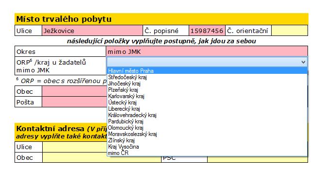 V případě, že máte trvalé bydliště mimo JMK, uvedete do kolonky Okres mimo JMK a poté vyberete příslušný kraj.