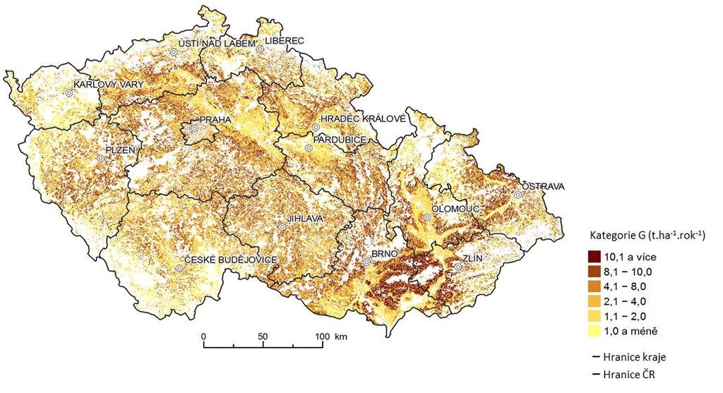 Obr. 1 Potenciální ohroženost zemědělské půdy vodní erozí vyjádřená dlouhodobým