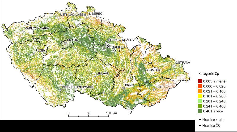 Obr. 2 Ohroženost zemědělské půdy vodní erozí vyjádřená na základě maximálních přípustných hodnot faktoru