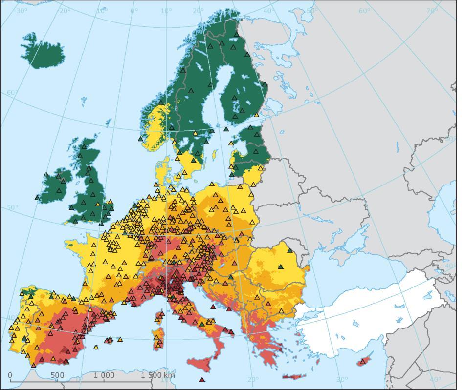 Obr. 2 Pole hodnot indexu AOT40 v Evropě [μg.m -3.