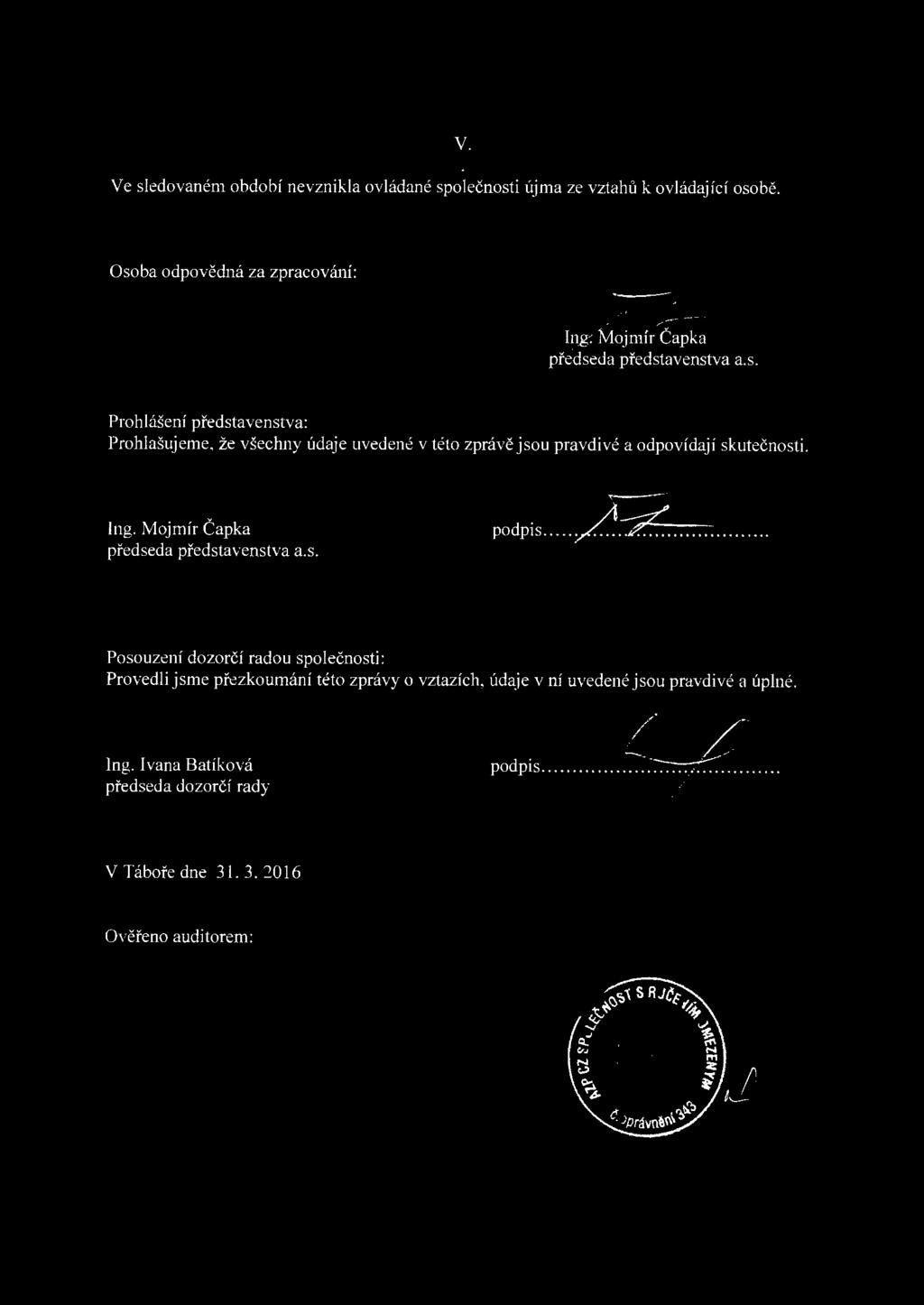 Ing. Mjmír Čapka předseda představenstva a.s. - pdpis... ;,/..~.