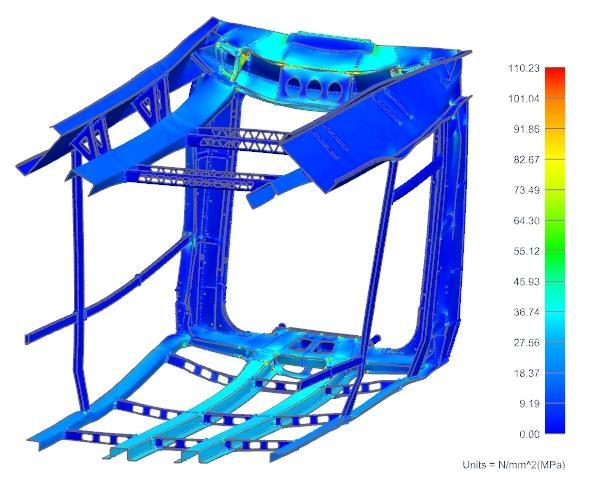 I velikost maximálního napětí 110,23 MPa vyšla příznivá, což lze dokázat dle hodnotícího kritéria. Napětí se šíří od spojovacích desek přes části čelnice na podélné nosníky.