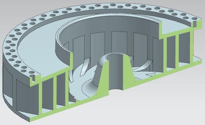 6 Navržené varianty 6.1 Varianta 1 obr. 6.1 CAD model rotoru varianty 1 v řezu. 6.1.1 Základní popis Velkou část hydraulických ztrát tvoří náhlé rozšíření na výstupu z rotoru.