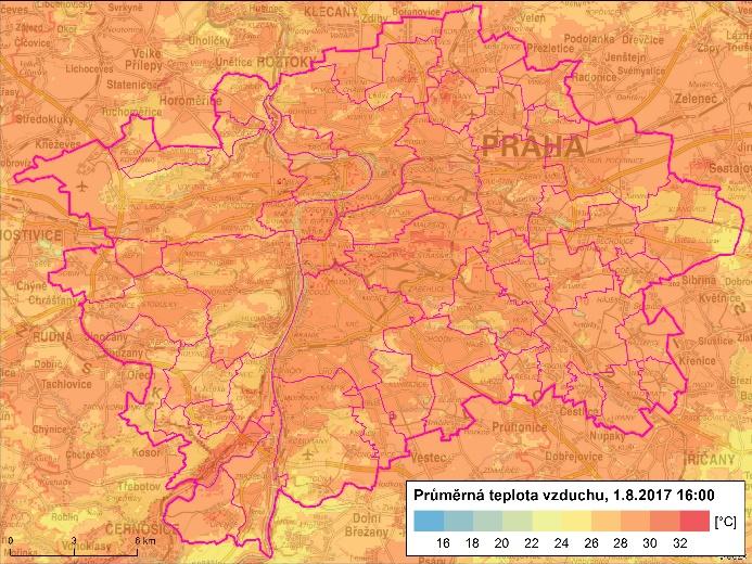Obr. 5: Prostorové rozložení teploty vzduchu na území hl. m. Prahy v: 16:00, 20:00, 0:00 a 2:00 CEST (1.8.