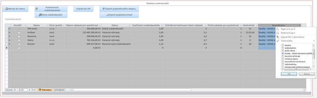 Uživatel, v prvním kroku zahájení výběrového řízení, vytipuje potencionální subdodavatelé pomocí filtrace v databázi subdodavatelů.