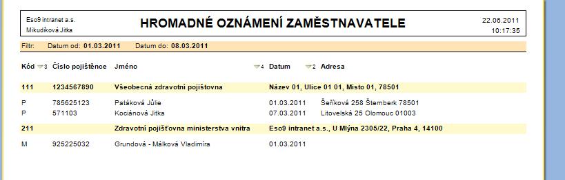 Pomocí odkazu Tisk opisu zobrazíme sestavu za požadované období a všechny zdravotní pojišťovny. Přihláška do registru pojištěnců ČSSZ (činnost 1.1.6.