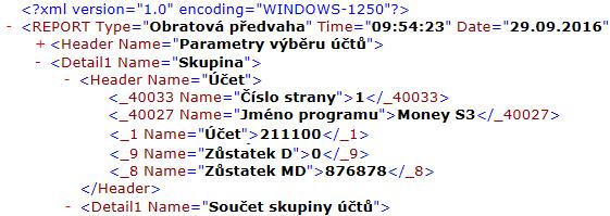 Oproti předcházejícím případům není element <Header> elementem ihned navazujícím na kořenový element <REPORT>. Není jeho přímým potomkem.