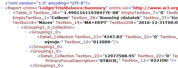 Mezi kořenovým elementem <Report> a nadřízeným elementem <Grouping1_0> jsou 2 nadřízené elementy, a to element <Grouping1_0_Collection> a element <Table_0>.