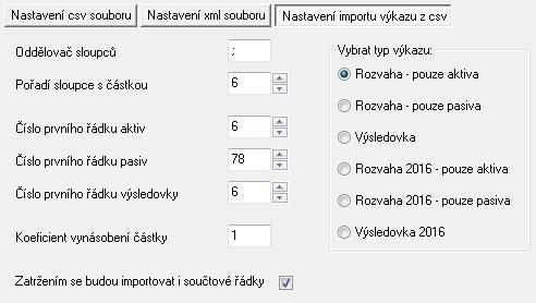 2.4 Nastavení importu rozvahy a výsledovky z csv souboru V tomto bloku se vyplní povinné i nepovinné parametry, které určují komunikaci s csv souborem, který obsahuje přímo rozvahu a výsledovku.