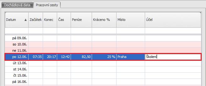 Obr. 4: Doplnění detailu pracovní cesty Uživatel má také možnost přidávat a editovat poznámky (až 200 znaků) k jednotlivým průchodům kliknutím na ikonu s písmenem a"/ A": nevyplněná poznámka vyplněná