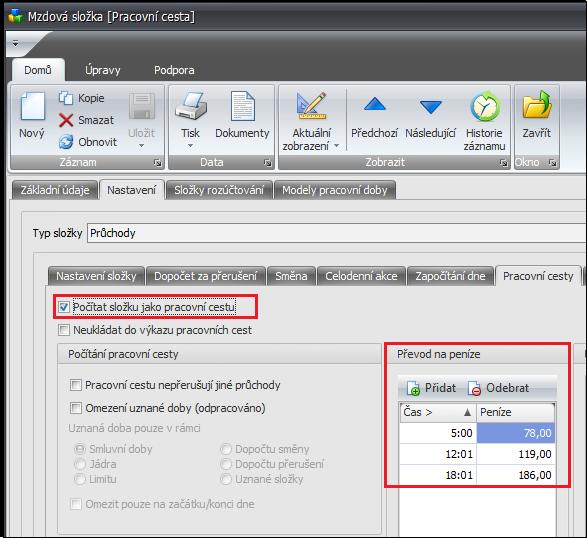 Obr. 5: Mzdová složka Pracovní cesta 5. Přepněte na záložku Modely pracovní doby a přidejte modely, které mají mít možnost mzdovou složku v docházce používat. 6.