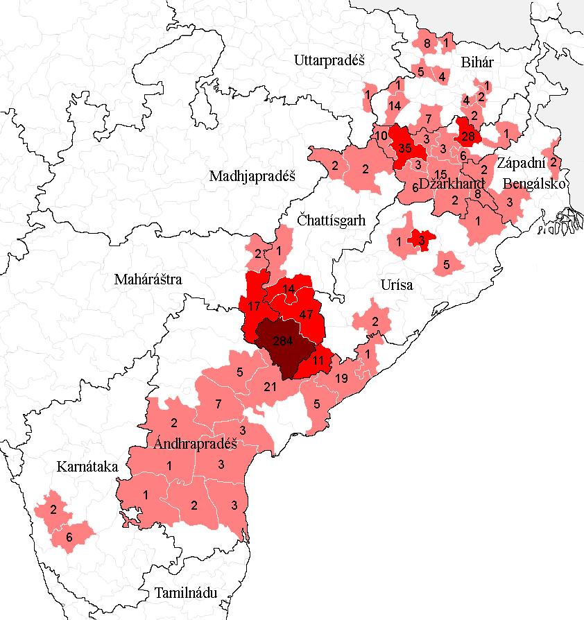 Příloha č. : Intenzita maoistického konfliktu dle distriktů postižených států v roce 27 Legenda: bez obětí na životech Mapový podklad: <http://bitterscotch.wordpress.