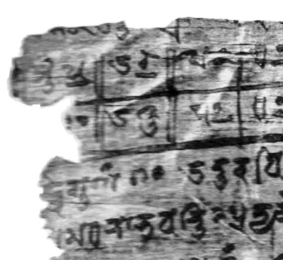 3: Rukopis Bakhšálí, folio 5 recto a jeho přepis16 V rukopisu se používají základní