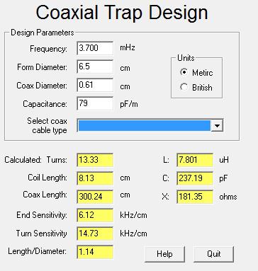 Tyto parametry se dají i jednoduše spočítat, ale výrazně jednodušší je použít vhodný software například Coaxial Trap Design od Tonyho VE6YP [1].