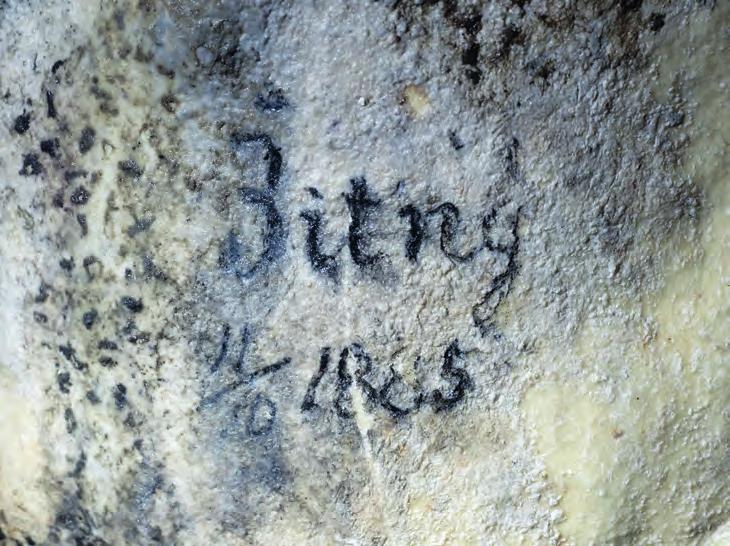 Podpis A. Žitného v jeskyni Výpustku od sebe jen několik set metrů, ale každá je co do souboru nalezeného materiálu naprosto odlišná.