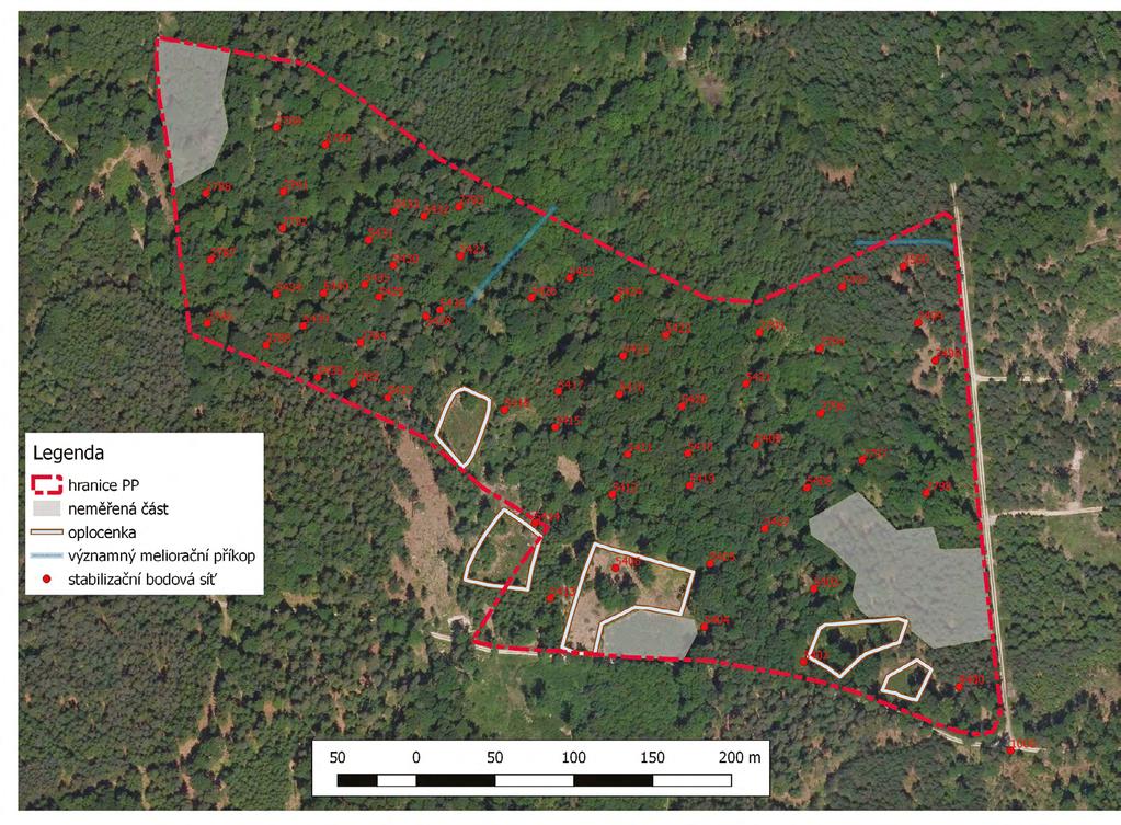 Obr.1: Stabilizační bodová síť na území PP Černá stráň s vyznačenými