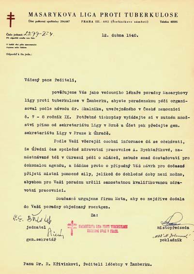 Masarykova liga proti tuberkulóze v roce 1940 pověřuje dr. Křivinku péčí o městský dispenzář (archiv) chtěl tak učinit až po zaplacení dlužné částky jednou z nemocenských pojišťoven.