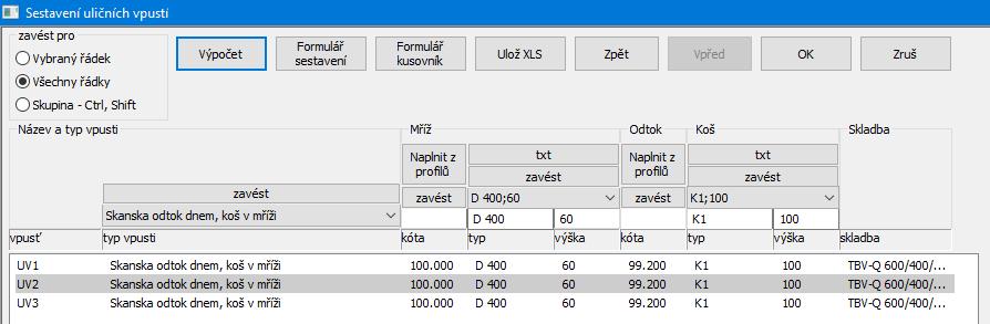 Kapitola 7 Tabulka uličních vpustí Panel obsahuje seznam uličních vpustí v kanalizační síti.