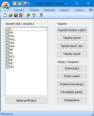 Kapitola 2 První spuštění, nástrojový panel, menu Program byl vytvořen jako nadstavba Podélného profilu kanalizace.