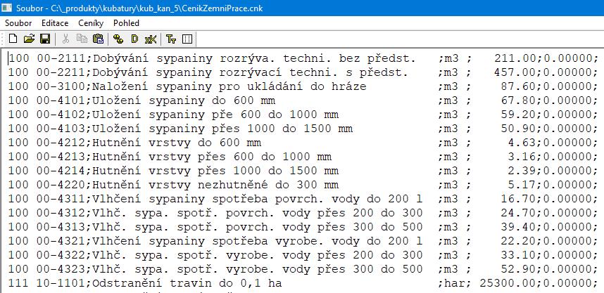 Kapitola 15 Editace ceníků, tvorba uživatelských ceníků Rozpočtová část programu pracuje se sadou základních ceníků. Tuto sadu tvoří 5 souborů: CenikZemniPrace.cnk, CenikPresunHmot.