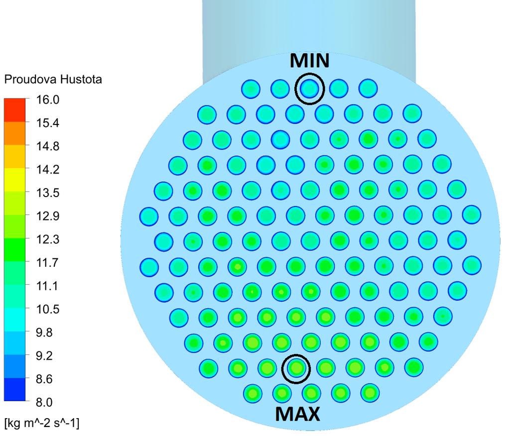 Obrázek 43 Proudová hustota - varianta 6 Extrémní hmotnostní průtoky v jednotlivých trubkách těchto 3 variant jsou shrnuty v následující tabulce 21, kde jsou zároveň porovnány s ideálním průtokem.