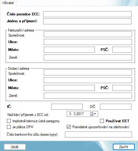 Po uzavření okna se zobrazí hlavní okno aplikace, které se bude automaticky otevírat od každého následujícího spuštění aplikace. U prvního spuštění se automaticky naimportuje ceník produktů z ECC. 3.