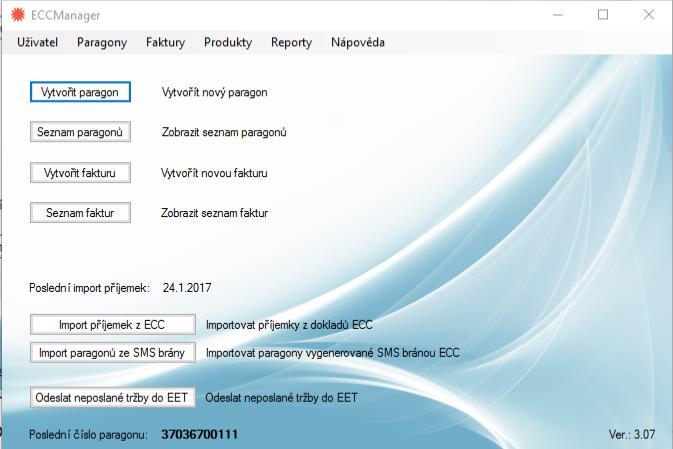 Z hlavní části obrazovky lze vytvořit nový paragon, zobrazit seznam paragonů, vytvořit fakturu, zobrazit seznam faktur nebo naimportovat ceník a příjemky z ECC.
