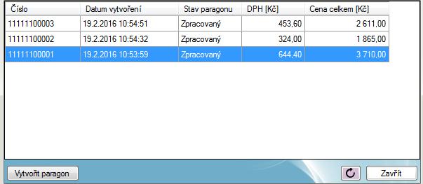 V tabulce je vidět číslo paragonu, datum a čas vytvoření, stav paragonu (Zpracovaný nebo stornovaný), DPH a celková cena (s DPH) v Kč.