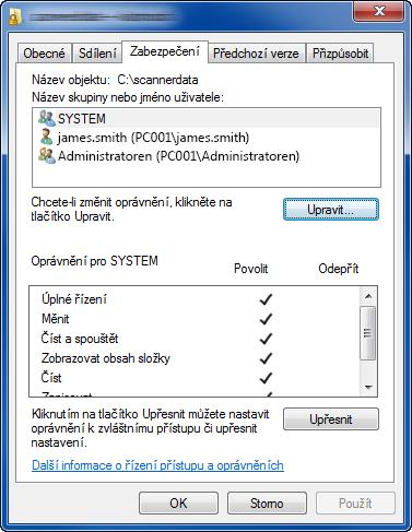Příprava před použitím > Příprava na odeslání dokumentu do sdílené složky v PC 8 Zkontrolujte podrobnosti v záložce [Zabezpečení]. 1 2 3 1 Zvolte kartu [Zabezpečení].