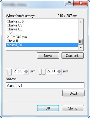 Tisk z počítače > Tisk z počítače 3 Klikněte na tlačítko [Nové]. 3 4 5 7 6 4 Zadejte rozměr papíru. 5 Zadejte název papíru.