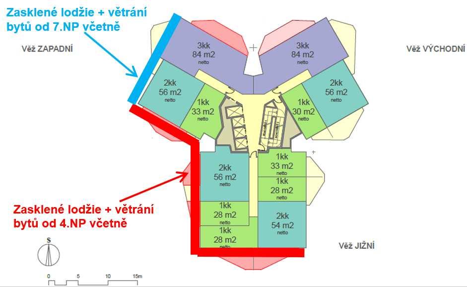 Obrázek 24 Rozsah zasklených lodžií a zajištění provětrání bytů podtlakovým systémem ve variantách 1A-1C Objekt záměru variantě 2 V chráněném venkovním prostoru staveb objektu záměru bude hluk od