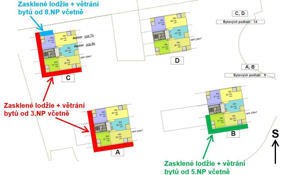 Obrázek 25 Rozsah zasklených lodžií a zajištění provětrání bytů podtlakovým systémem ve variantě 2 Vyhodnocení hluku v chráněném venkovním prostoru staveb objektu záměru od stacionárních zdrojů hluku