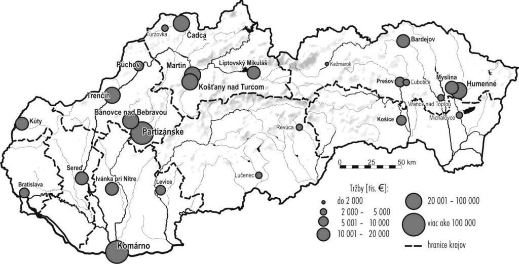 Mapa 3 Najväčšie podniky textilného, odevného, kožiarskeho a obuvníckeho priemyslu na Slovensku v roku 2011 Tabuľka 3 Najväčšie podniky textilného, odevného, kožiarskeho a obuvníckeho priemyslu na