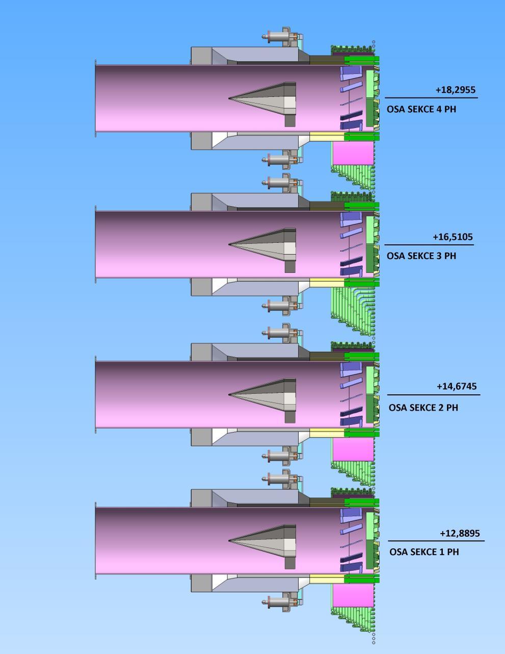 Obr.2: Podélný řez 3D modelem práškového hořáku Aby se pomleté palivo obsažené v primární směsi více natlačilo k obvodu ústí práškové