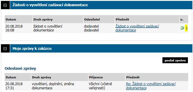 6) Dodavatelé a veřejnost teď Vaši zprávu uvidí v záložce Vysvětlení, doplnění, změny zadávací dokumentace.